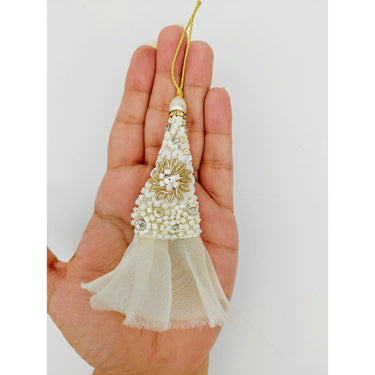 White Beaded Latkan In White Tissue Fabric and Zardozi Floral Embroidery, Indian Latkans, Blouse Latkan Sewing Latkans Bridal Tassels 1 Pair